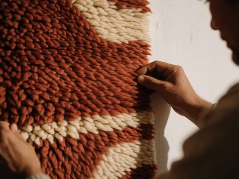 Gros plan montrant la texture détaillée de la laine d'alpaca utilisée dans un tapis artisanal posé sur une surface en bois avec un mur terracotta en arrière-plan.