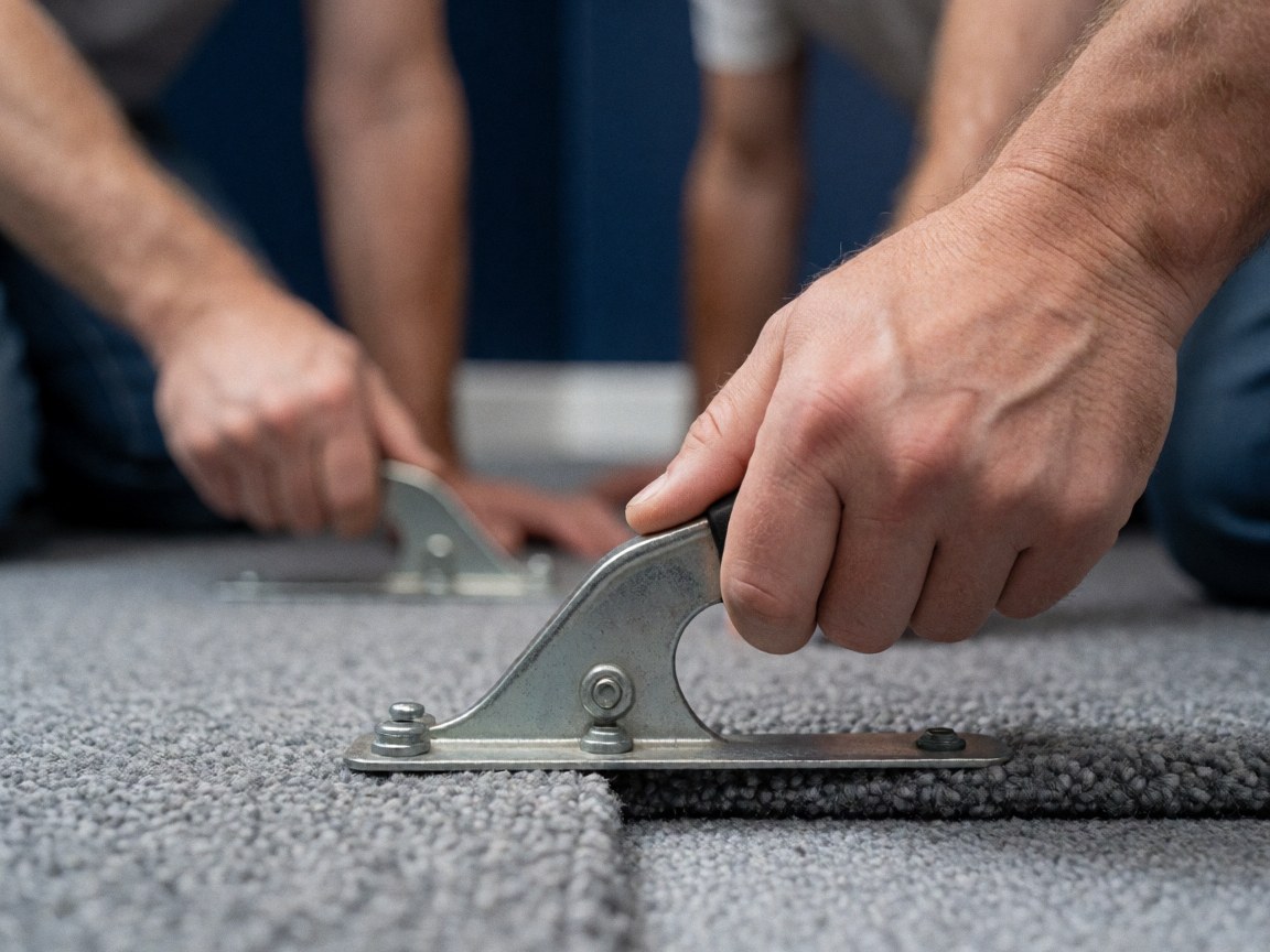 Gros plan sur une main tenant un outil de tendage utilisé pour l'installation de moquette grise contre un mur bleu foncé.