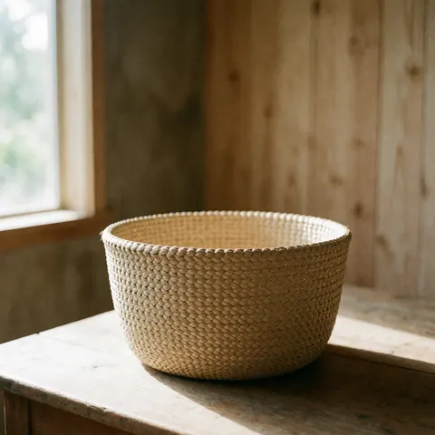 Un panier artisanal tressé à la main en fibres de palmier, posé sur une surface en bois, baigné de lumière naturelle, évoquant une ambiance rustique et calme.