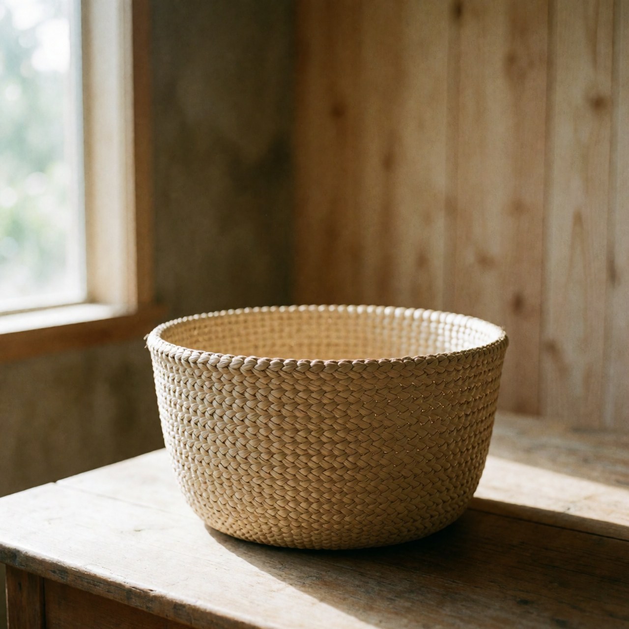 Un panier artisanal tressé à la main en fibres de palmier, posé sur une surface en bois, baigné de lumière naturelle, évoquant une ambiance rustique et calme.