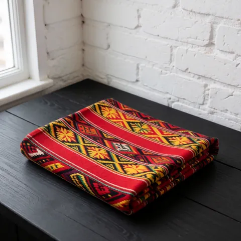 Textile décoratif aux motifs géométriques traditionnels andins posé sur une table en bois dans un intérieur lumineux avec mur en briques blanches.