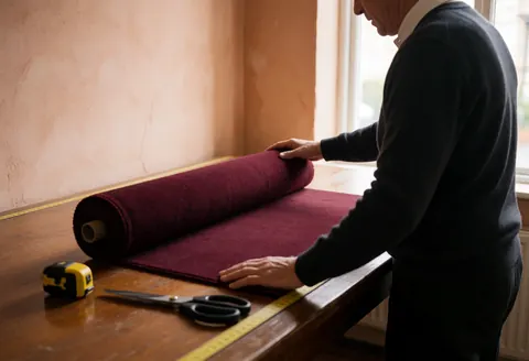 Un professionnel mesure et coupe une moquette bordeaux sur une table en bois avec des ciseaux et un mètre ruban dans un atelier.