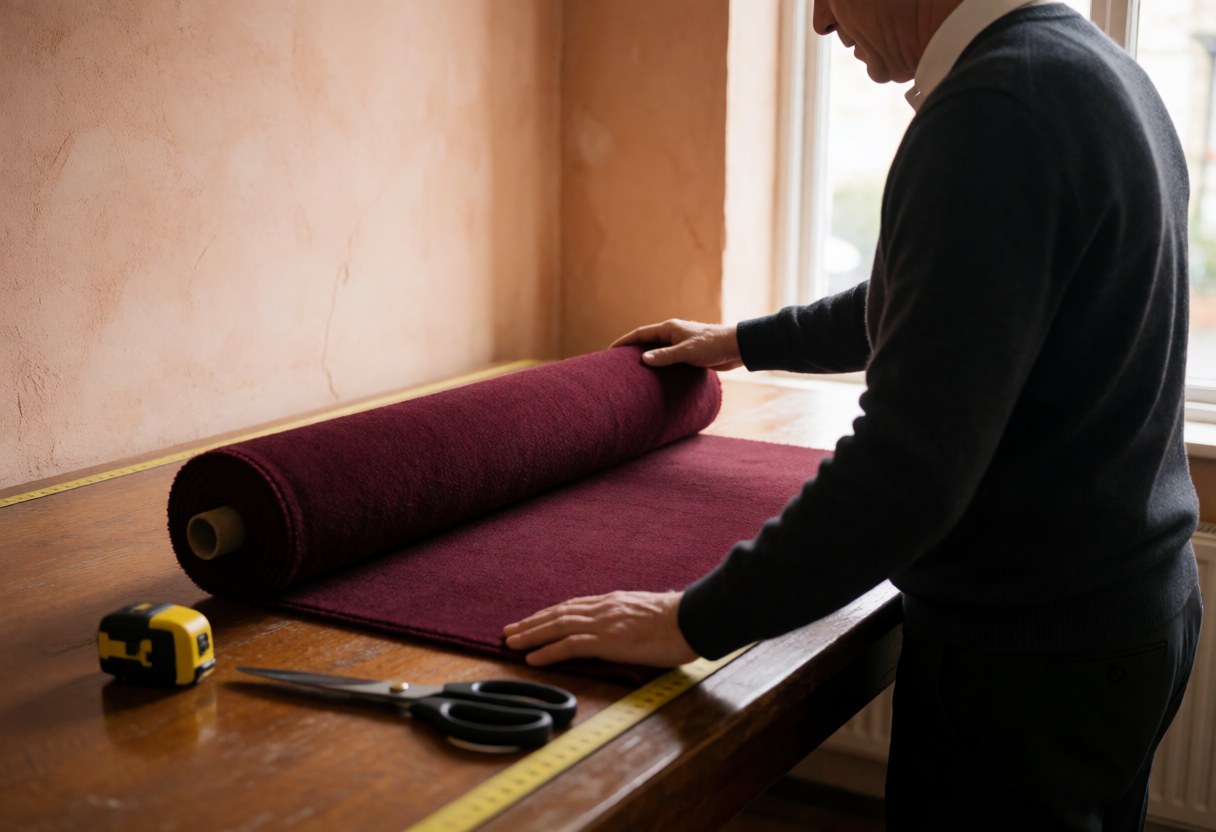 Un professionnel mesure et coupe une moquette bordeaux sur une table en bois avec des ciseaux et un mètre ruban dans un atelier.