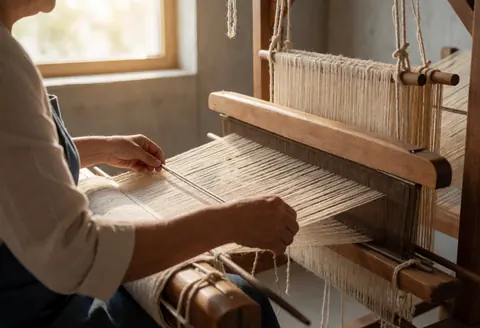 Un artisan tisseur travaille manuellement sur un grand métier à tisser vertical en bois, manipulant des fils de laine beige et crème dans un atelier baigné de lumière naturelle.
