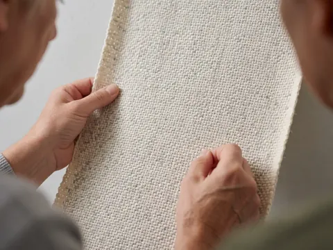 Mains d'un artisan vérifiant la qualité d'un tissu en coton aux tons crème et gris, mettant en évidence la texture visible.