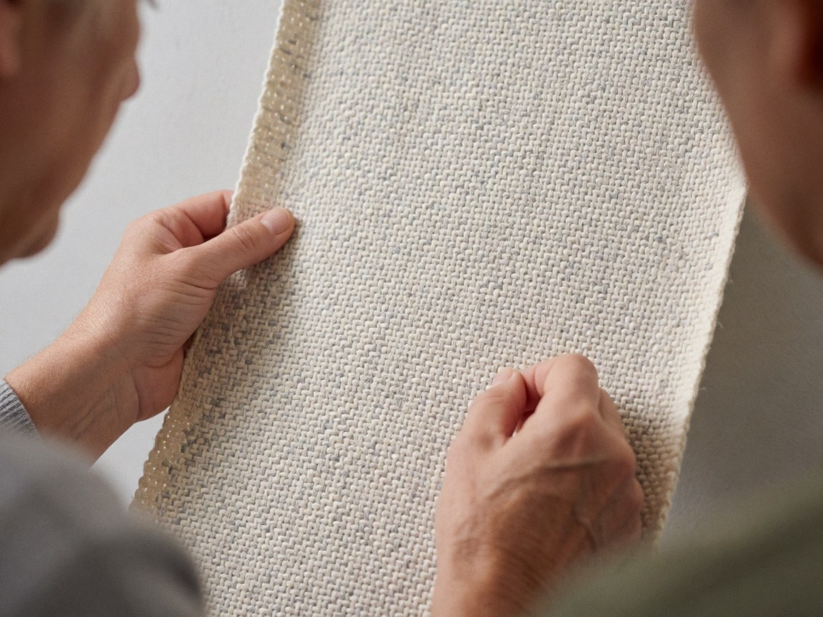 Mains d'un artisan vérifiant la qualité d'un tissu en coton aux tons crème et gris, mettant en évidence la texture visible.