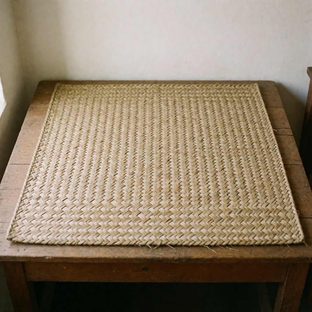Un tapis artisanal tissé en fibres naturelles de palmier est posé à plat sur une surface en bois clair, mettant en valeur sa texture rustique et ses tons neutres.