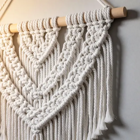 Pendentif en macramé artisanal réalisé à la main avec des nuds de coton blanc, servant de décoration murale élégante et naturelle.
