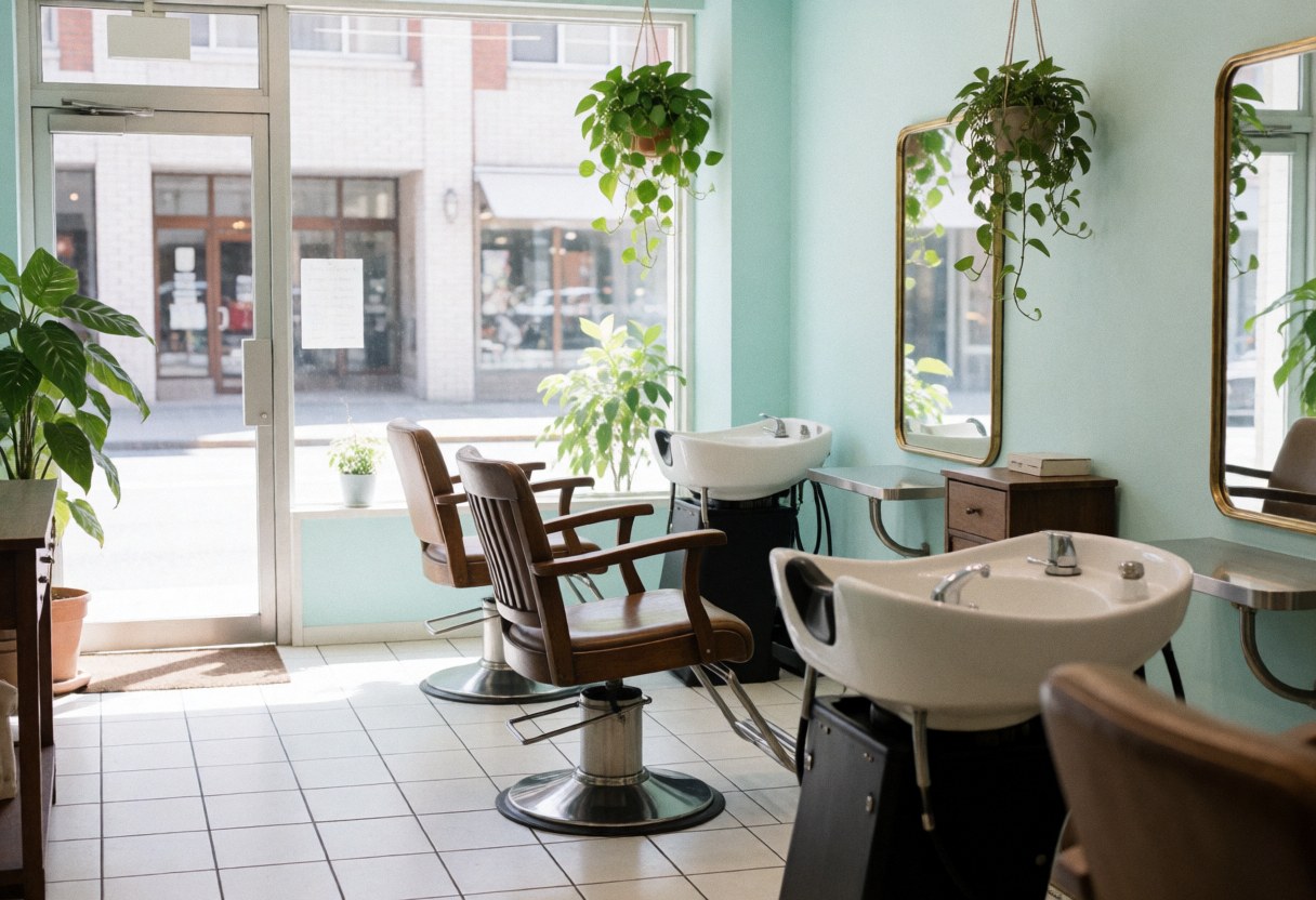 Vue intérieure d'un salon de coiffure moderne présentant des fauteuils, des vasques blanches, des miroirs, des plantes suspendues, des murs turquoise et un sol blanc lumineux.