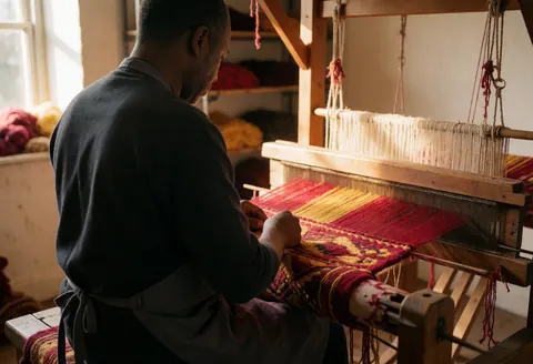 Un artisan tisse un tapis avec du fil rouge et jaune dans un atelier baigné de lumière naturelle, mettant en valeur la texture et le processus manuel.