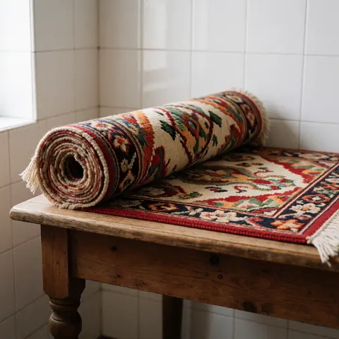 Un tapis en laine traditionnel posé sur une table en bois, entouré de carreaux décoratifs, baigné de lumière naturelle.