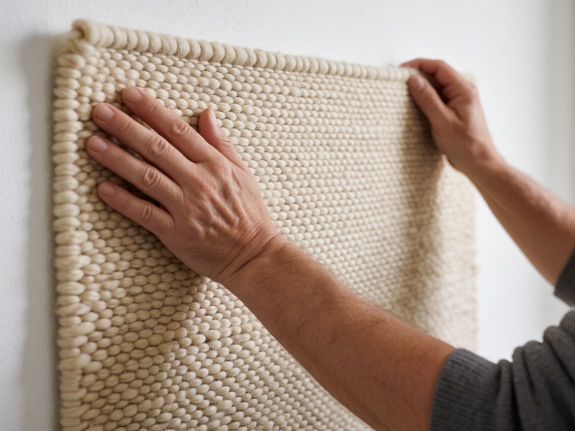 Gros plan sur une texture en laine mérinos blanche, montrant les fibres naturelles et le tissage artisanal d'un textile.