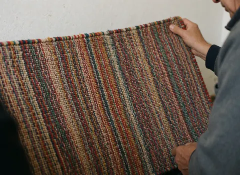 Une main tenant un tapis tissé à la main aux motifs colorés, montrant le détail du tissage et la texture rustique sur fond blanc.