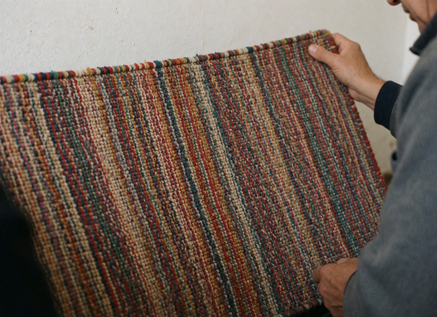 Une main tenant un tapis tissé à la main aux motifs colorés, montrant le détail du tissage et la texture rustique sur fond blanc.