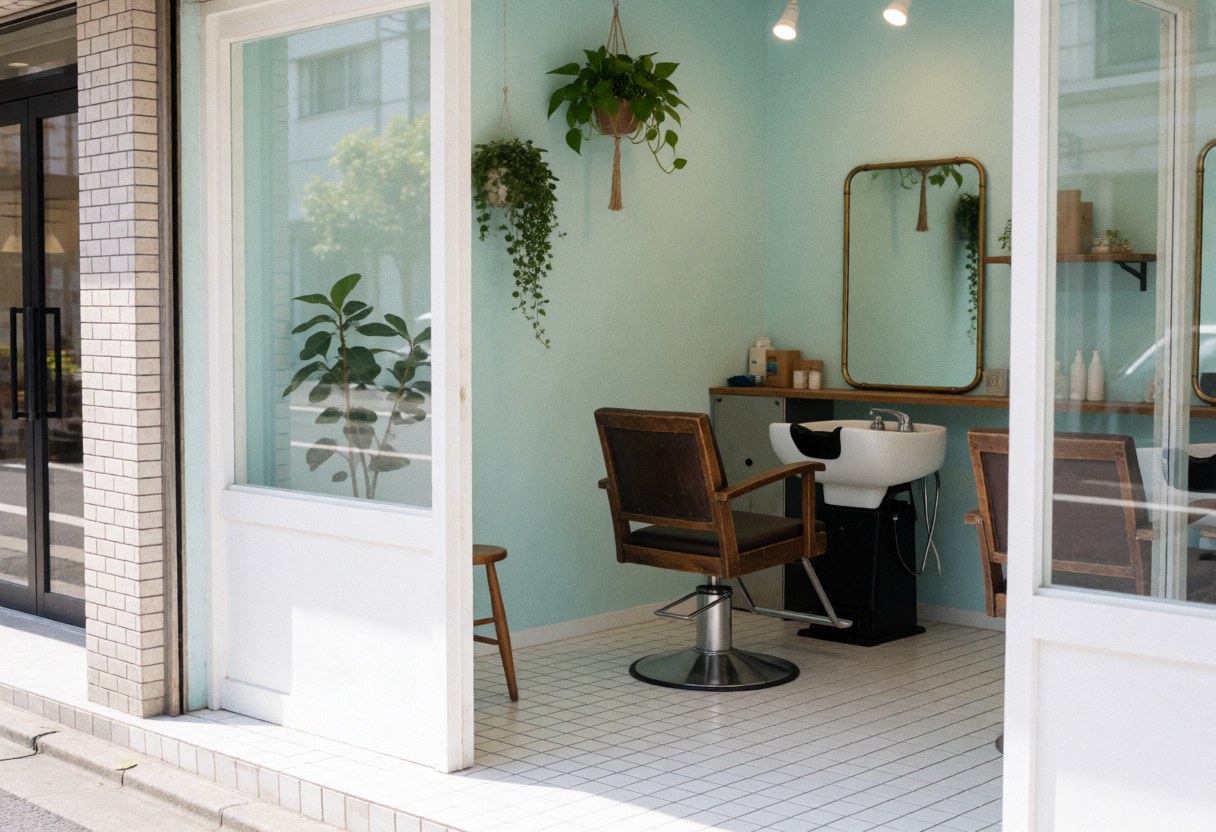 Fauteuil de barbier, vasque blanche, miroir en bronze et plantes suspendues dans un salon aux murs turquoise et sol blanc, vu depuis la rue.