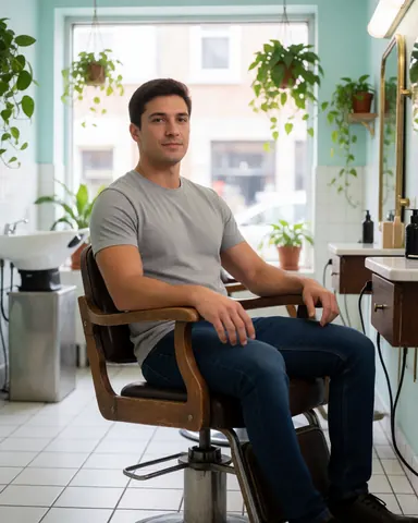 Un client masculin est assis sur une chaise de salon de coiffure, montrant un visage heureux et satisfait après la réalisation d'une prestation.