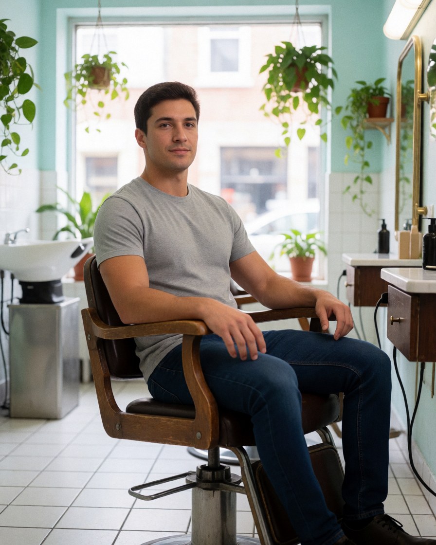 Un client masculin est assis sur une chaise de salon de coiffure, montrant un visage heureux et satisfait après la réalisation d'une prestation.