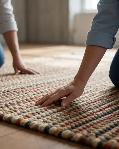 Gros plan sur la texture détaillée d'un tapis tissé à la main posé sur un sol en bois, mettant en valeur les fibres et les tons naturels de l'artisanat.