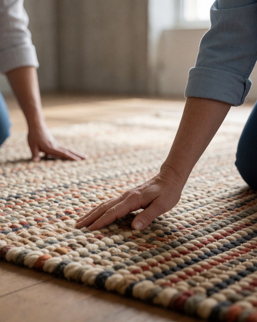 Gros plan sur la texture détaillée d'un tapis tissé à la main posé sur un sol en bois, mettant en valeur les fibres et les tons naturels de l'artisanat.