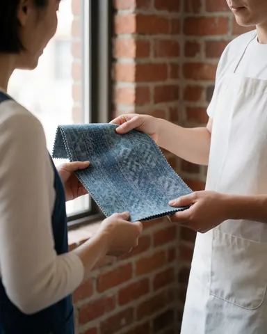 Une cliente observe attentivement un échantillon de tissu bleu lors d'une consultation dans un magasin de tapis, baigné de lumière naturelle.