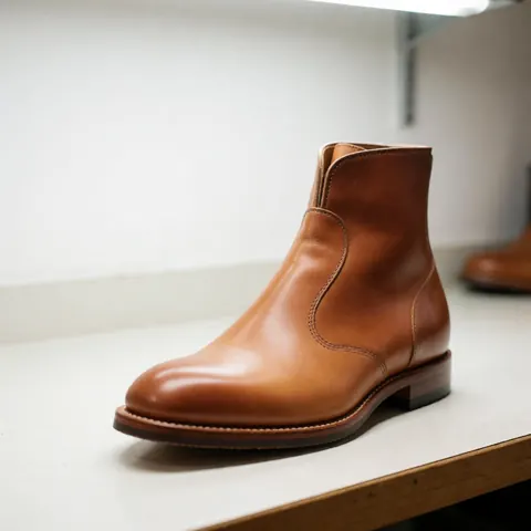 Une botte brune en cuir avec des coutures visibles posée sur un établi blanc dans un atelier de cordonnerie, éclairage doux et fond flou.