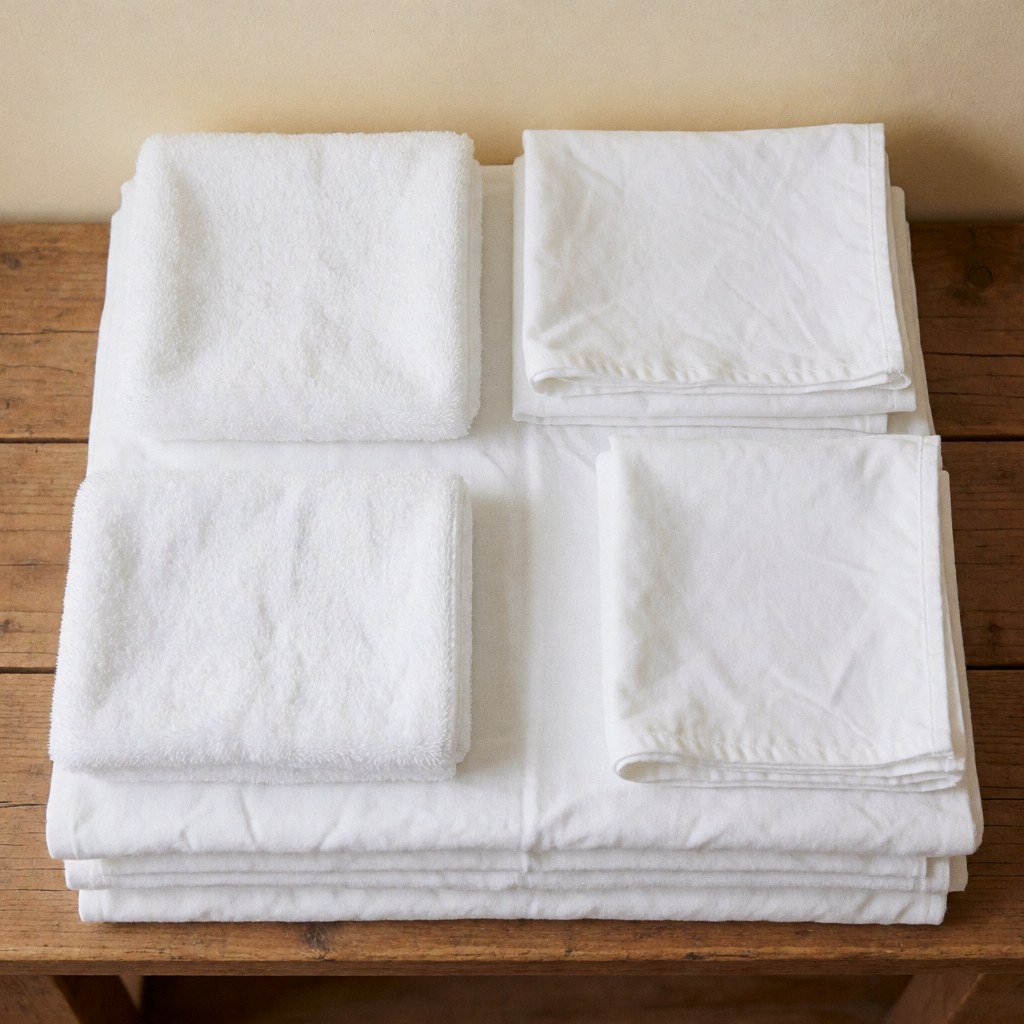 Une pile de coton blanc propre et soigneusement empilée, évoquant la pureté et la qualité des matériaux textiles.