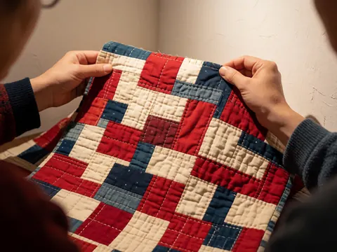 Gros plan sur une couverture en patchwork artisanal montrant des morceaux de tissu assemblés, des détails de couture et une texture variée.