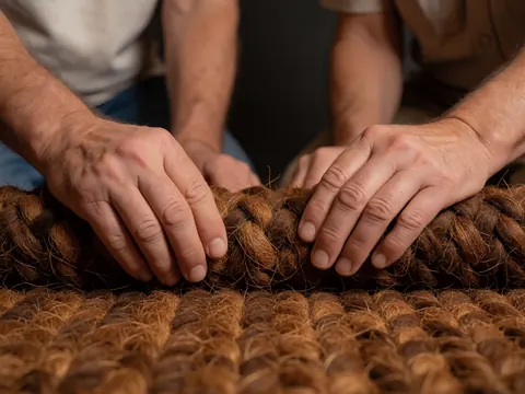 Mains d'artisan travaillant sur une moquette en fibre de coco, révélant la texture naturelle et le processus de tissage en détail, avec un éclairage chaud sur fond sombre flou.