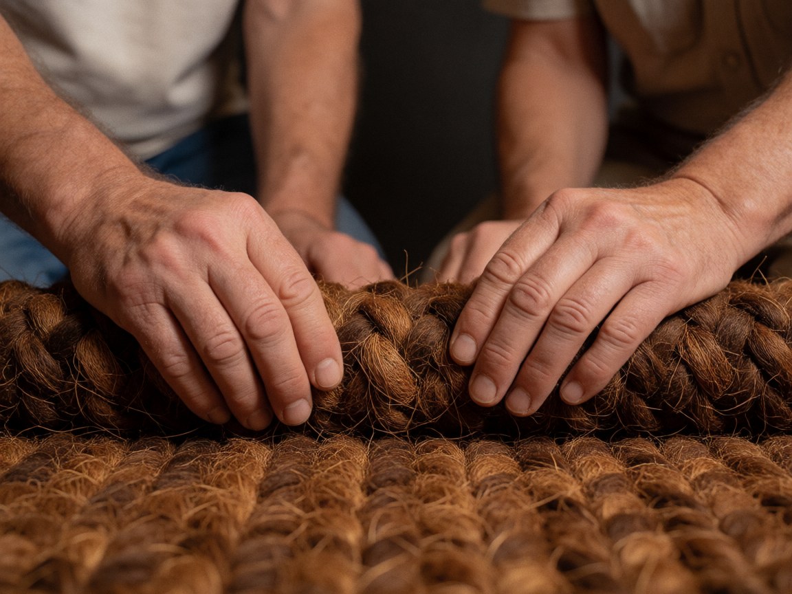 Mains d'artisan travaillant sur une moquette en fibre de coco, révélant la texture naturelle et le processus de tissage en détail, avec un éclairage chaud sur fond sombre flou.