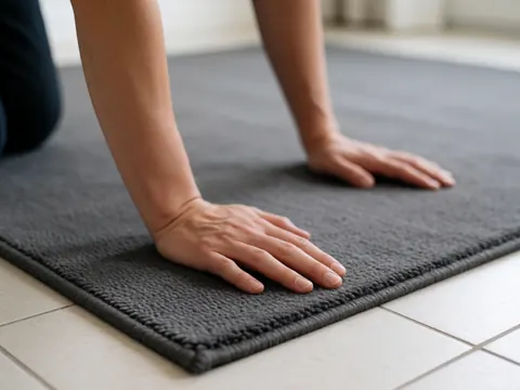 Vue rapprochée d'une moquette grise à faible hauteur montrant la texture du tissu et les détails de l'installation intérieure.
