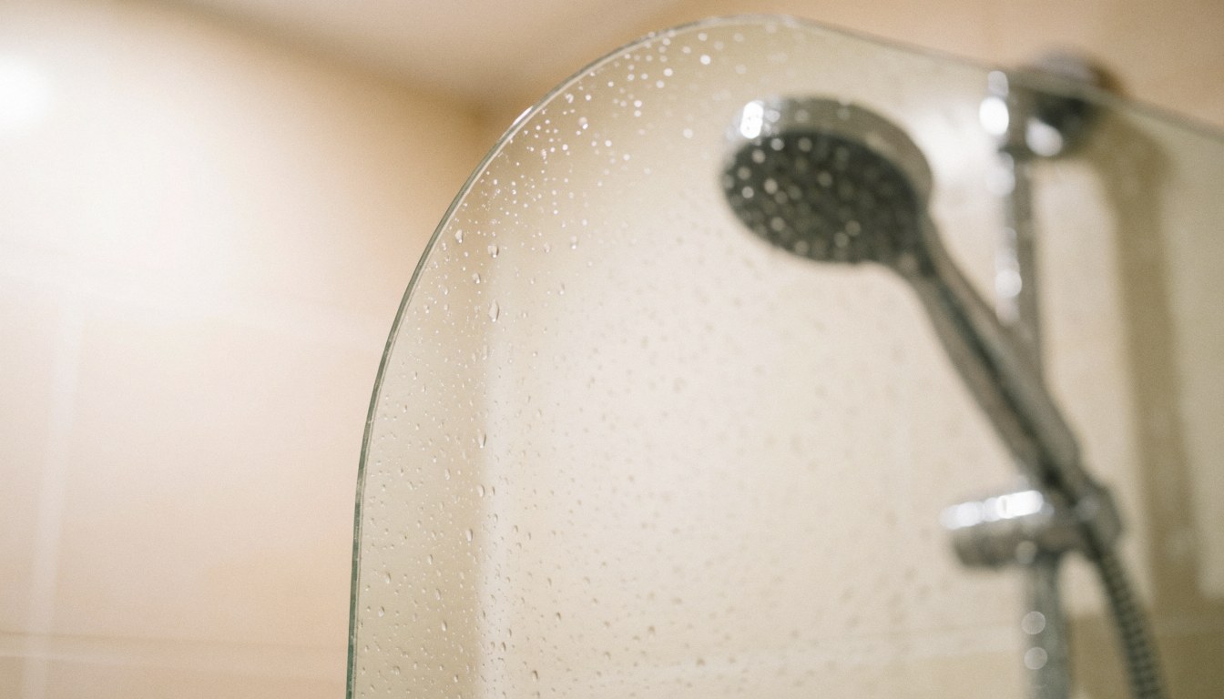Arrière-plan lumineux montrant une paroi de douche en verre transparent, des gouttelettes d'eau sur la surface et une robinetterie métallique brillante.