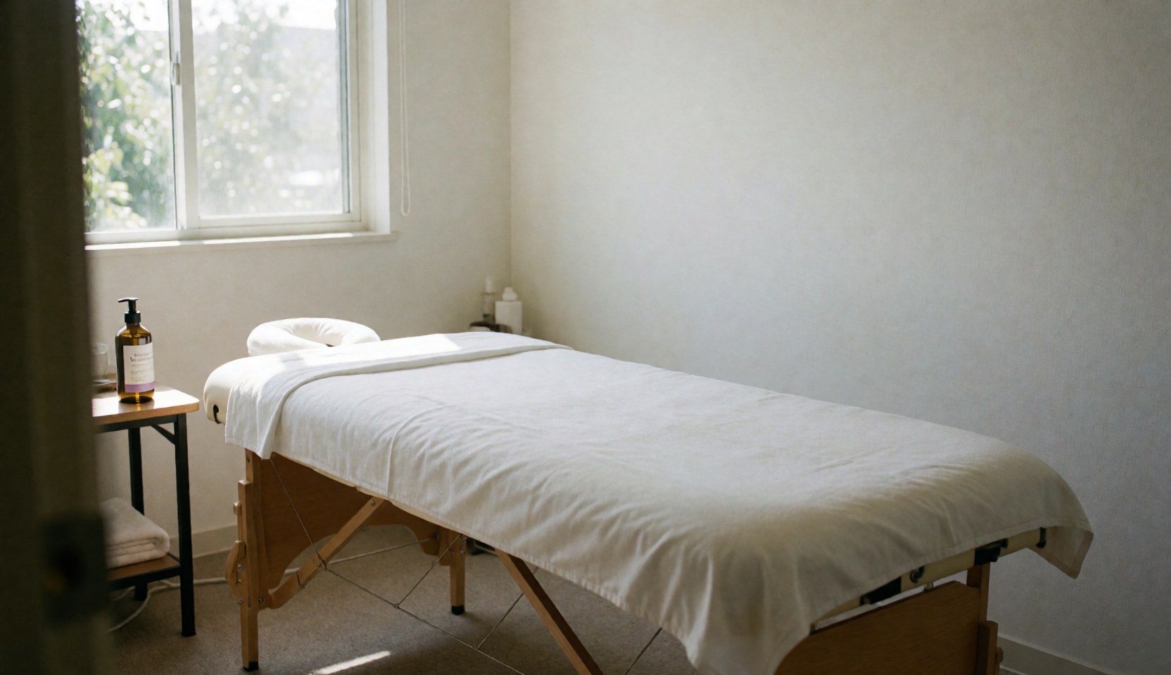 Intérieur d'une salle de massage aux tons clairs avec une table recouverte d'un drap blanc, baignée de lumière naturelle provenant d'une fenêtre.