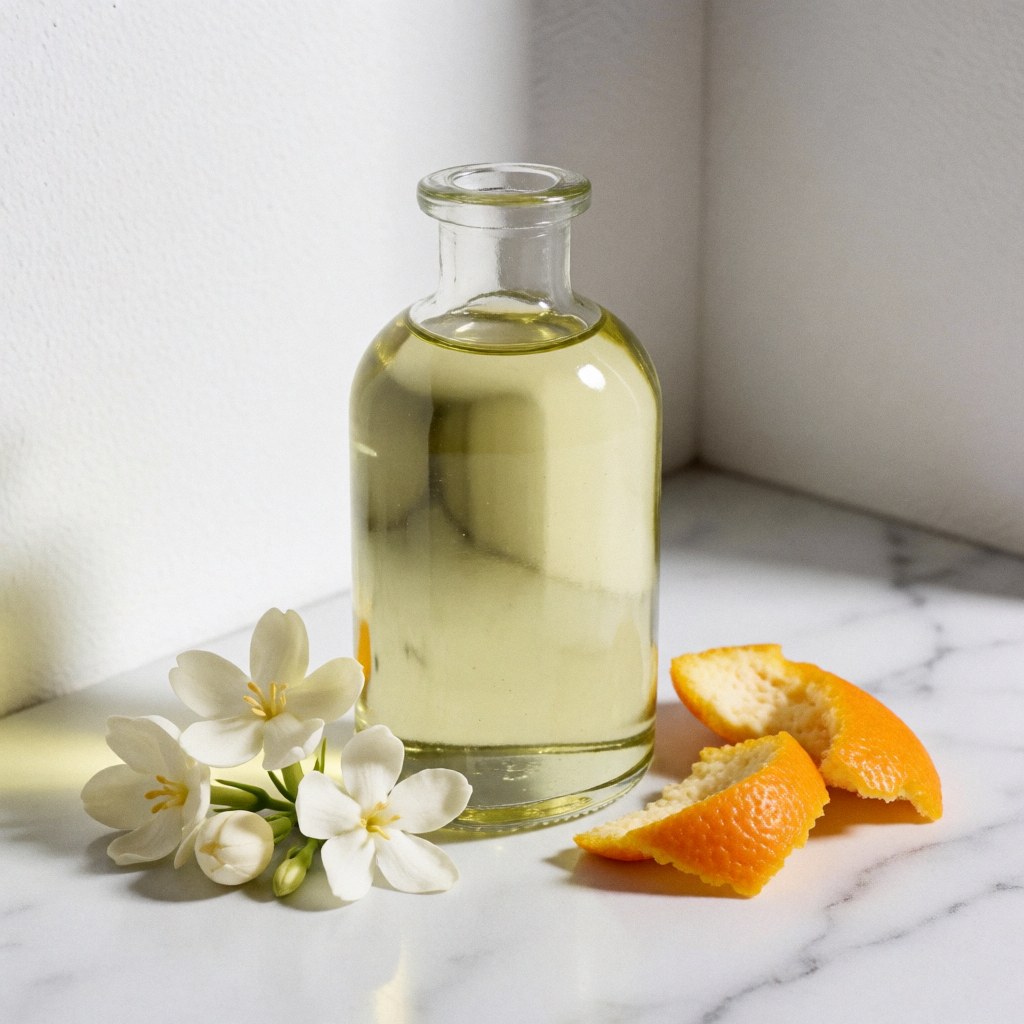 Bouteille en verre contenant de l'huile essentielle avec des fleurs de jasmin et des écorces d'orange sur un fond en marbre blanc, éclairage doux et style minimaliste.