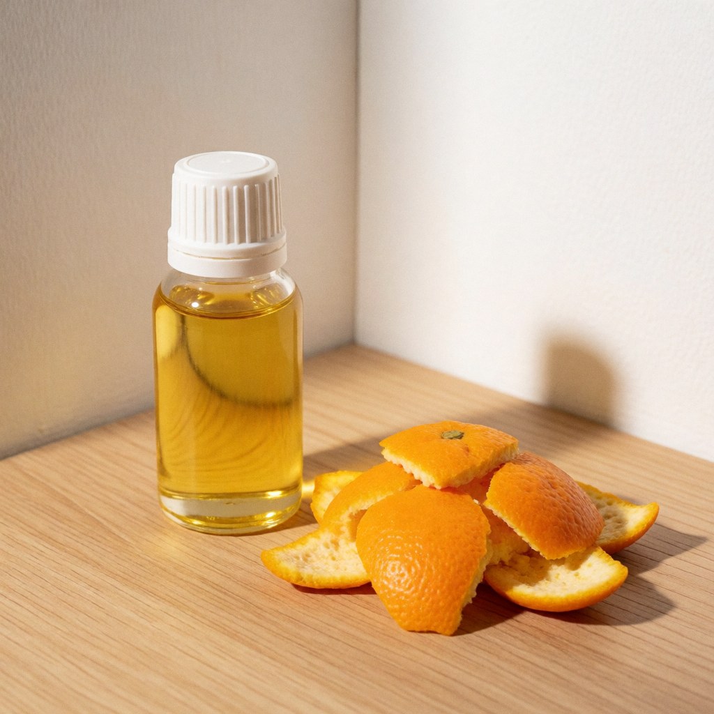 Bouteille d'huile essentielle avec des zestes d'orange disposés sur une surface en bois clair, évoquant le bien-être et l'aromathérapie.