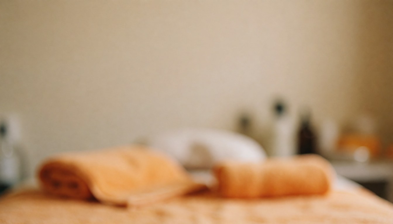 Arrière-plan de spa avec serviettes orange et bouteilles, tons chauds, idéal pour textes de massage et bien-être.