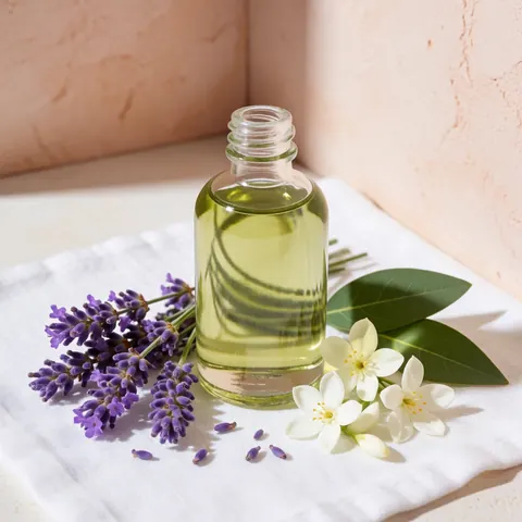 Bouteille contenant de l'huile essentielle d'eucalyptus et de jasmin destinée à l'aromathérapie et aux soins de bien-être.