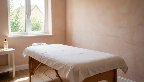 Salle de massage avec lit en bois, draps blancs, murs en terre cuite et lumière naturelle par la fenêtre, idéale pour des massages doux et relaxants.
