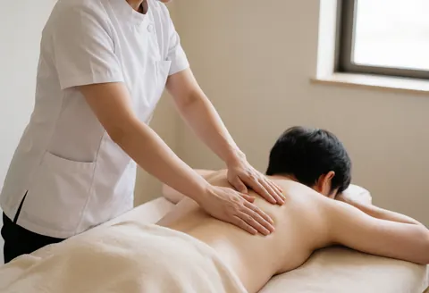 Un thérapeute réalise un massage suédois sur le dos d'un client allongé sur une table de massage dans un cadre professionnel et relaxant.