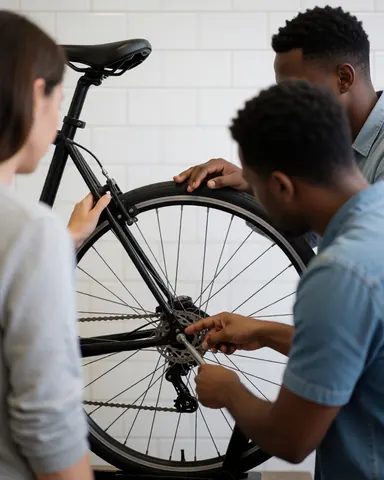Un mécanicien ajuste une vis sur la roue d'un vélo dans un atelier de réparation.