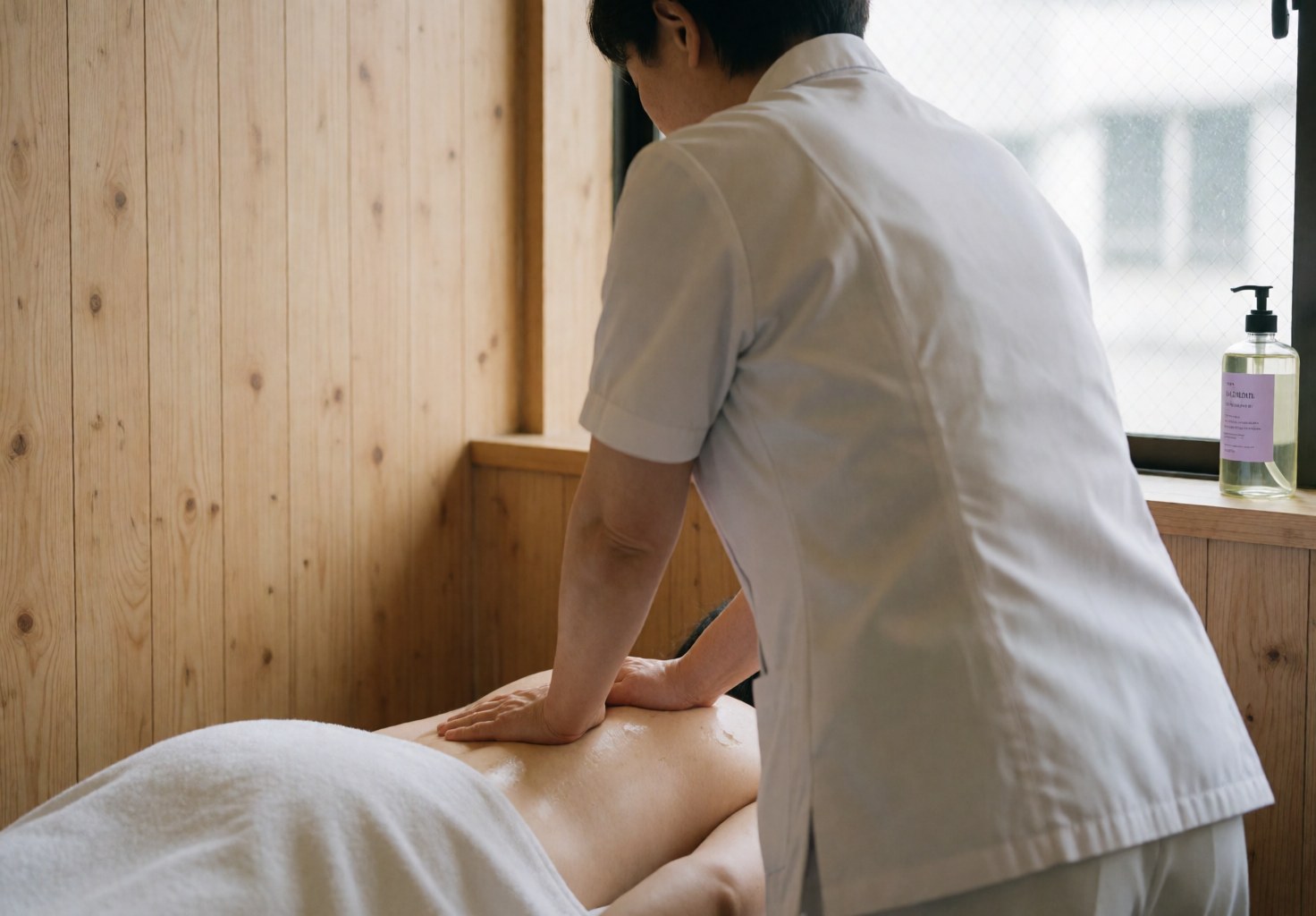 Thérapeute pratiquant un massage suédois dans une salle de spa aux murs en bois, avec un client en vêtements blancs et une lumière naturelle.