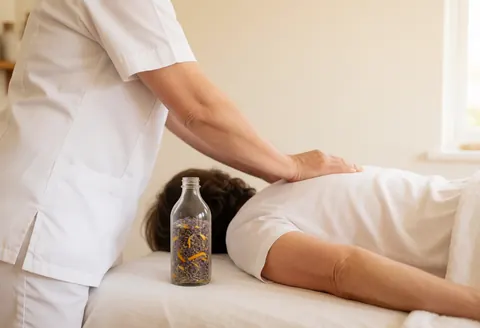 Un thérapeute réalise un massage suédois sur une table de massage blanche, accompagné d'une bouteille d'huile et de fleurs naturelles dans un cadre relaxant.