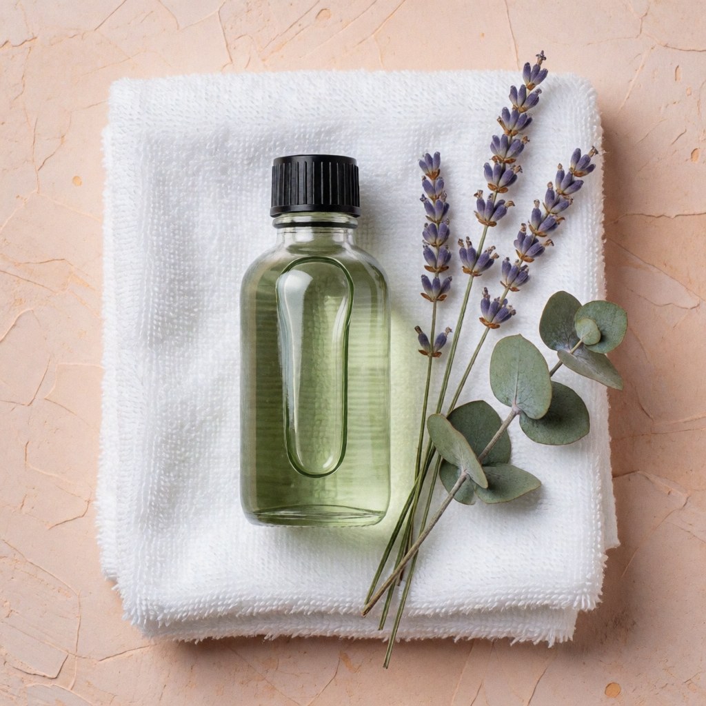 Flacon d'huile de massage aux huiles essentielles de lavande et d'eucalyptus posé sur une serviette blanche, évoquant le bien-être et les soins naturels.