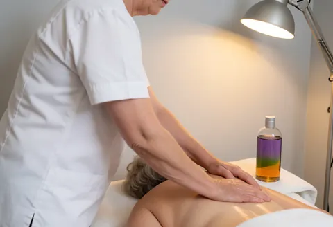 Thérapeute professionnel réalisant un massage suédois sur une table avec de l'huile de lavande et d'eucalyptus dans un cadre relaxant.