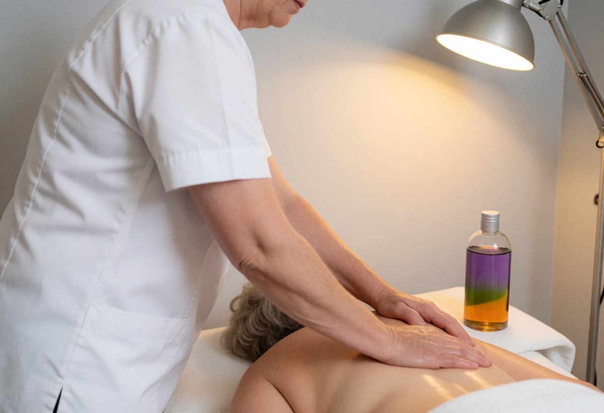 Thérapeute professionnel réalisant un massage suédois sur une table avec de l'huile de lavande et d'eucalyptus dans un cadre relaxant.