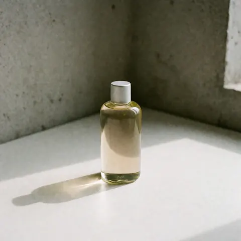 Flacon d'huile de massage avec lavande, menthe et amande sur une surface blanche avec des murs en béton, éclairé par une lumière naturelle douce.