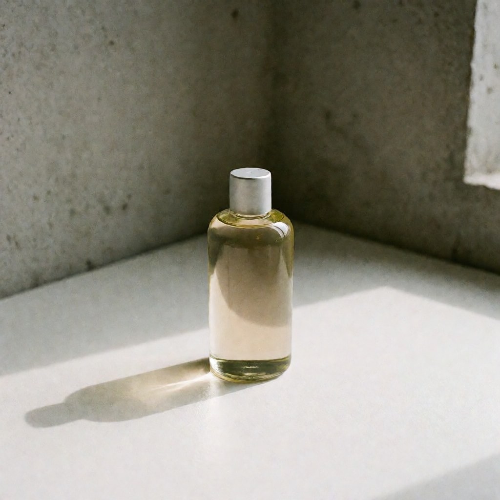Flacon d'huile de massage avec lavande, menthe et amande sur une surface blanche avec des murs en béton, éclairé par une lumière naturelle douce.
