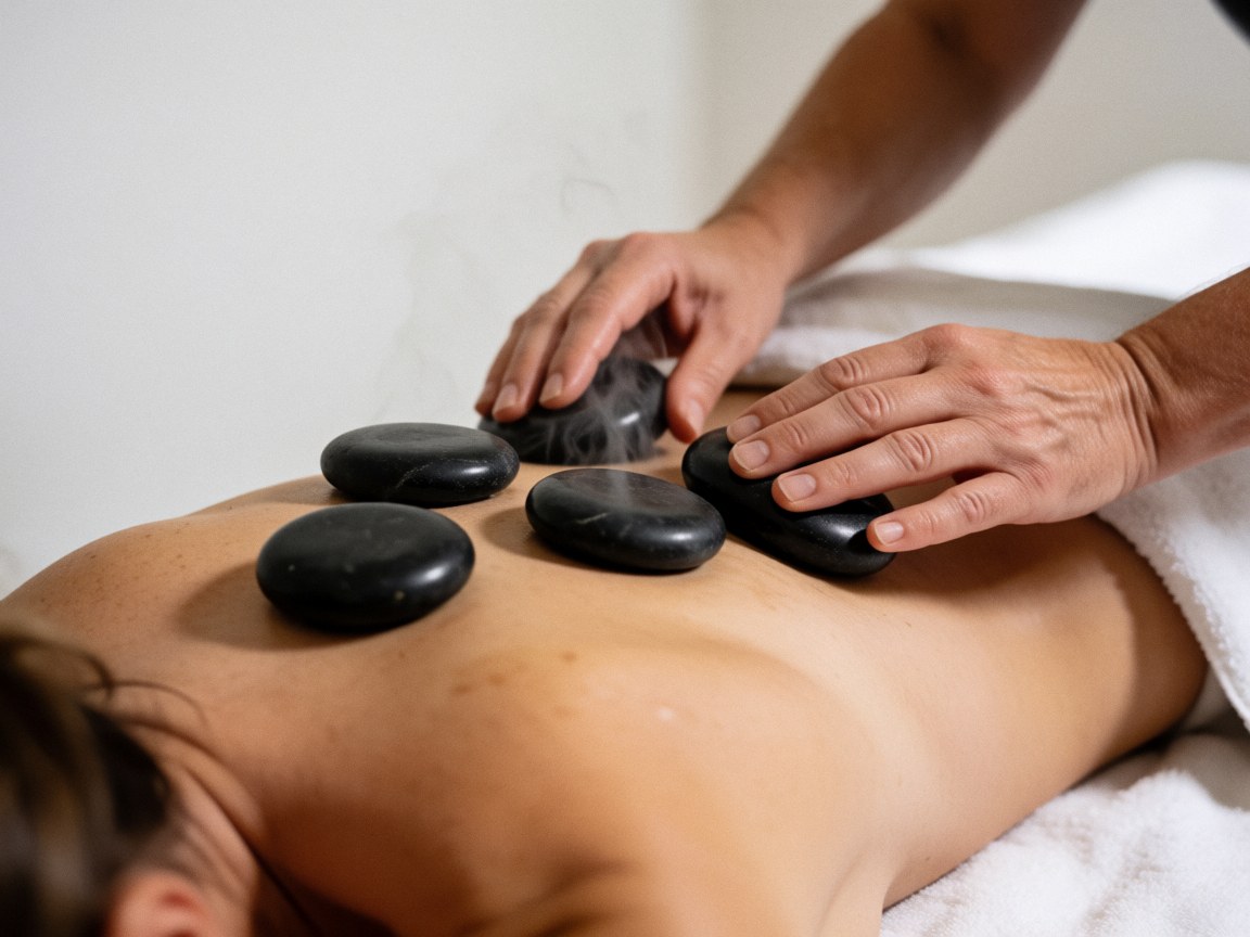 Gros plan montrant de la vapeur s'élevant de pierres chaudes posées sur la peau lors d'un massage.