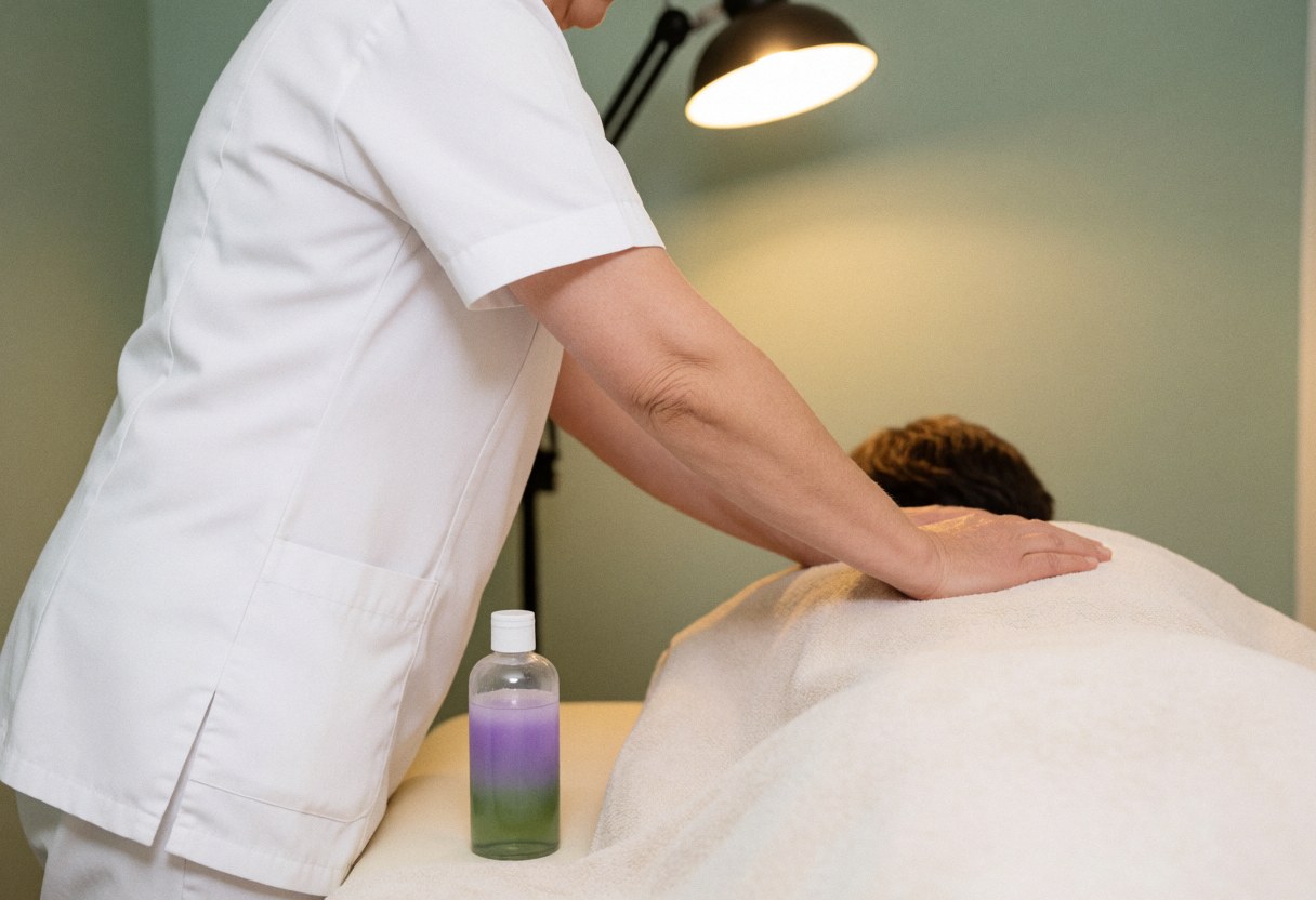 Thérapeute effectuant un massage suédois sur une table, client couvert d'une serviette, bouteilles d'huiles essentielles à proximité, éclairage chaleureux et mur vert pâle.