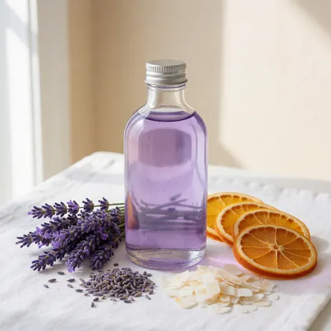 Bouteille d'huile de massage avec lavande, orange et coco sur un tissu blanc éclairé par la lumière naturelle pour le spa et le bien-être.