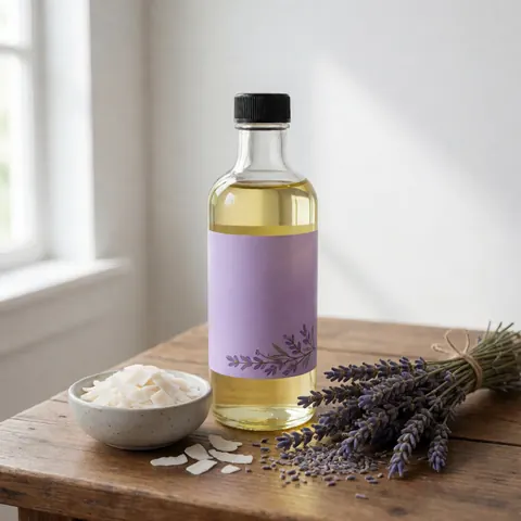 Bouteille d'huile de lavande et coco sur table en bois avec fleurs et copeaux, idéale pour massages relaxants.